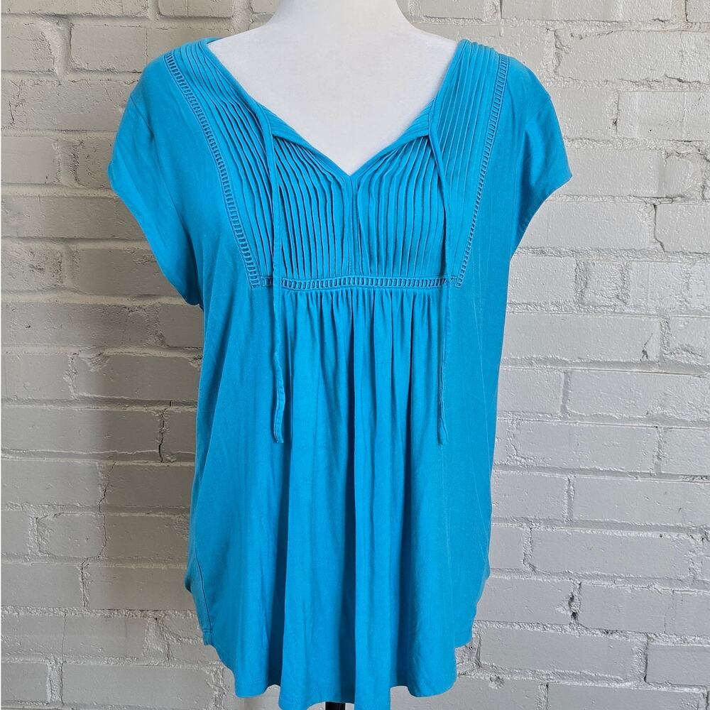 Tommy Hilfiger Turquoise Blue Pintuck Boho Peasant Top Ladder Trim Cap Sleeve L